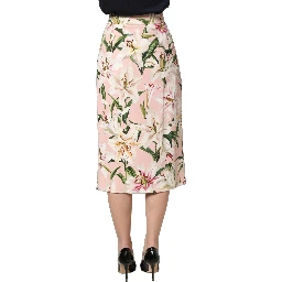 Pink Lilium Print High Waist Pencil Skirt