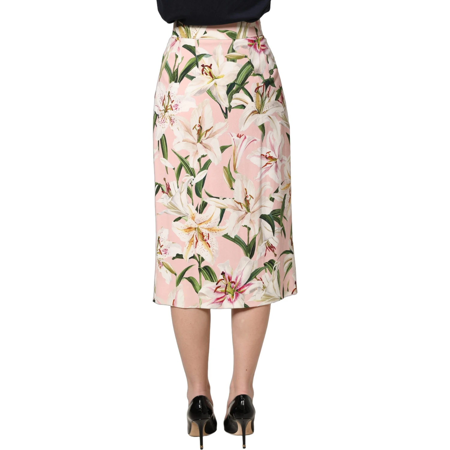 Pink Lilium Print High Waist Pencil Skirt