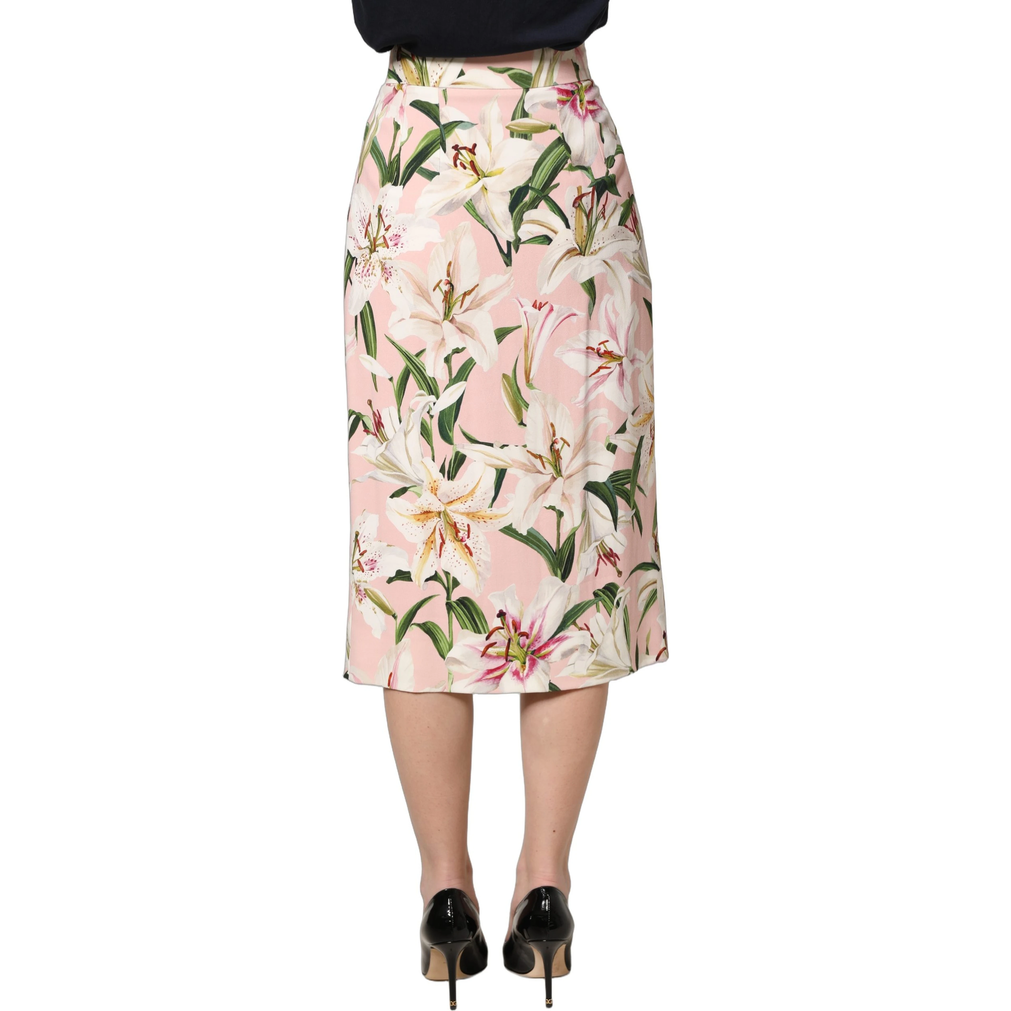 Pink Lilium Print High Waist Pencil Skirt