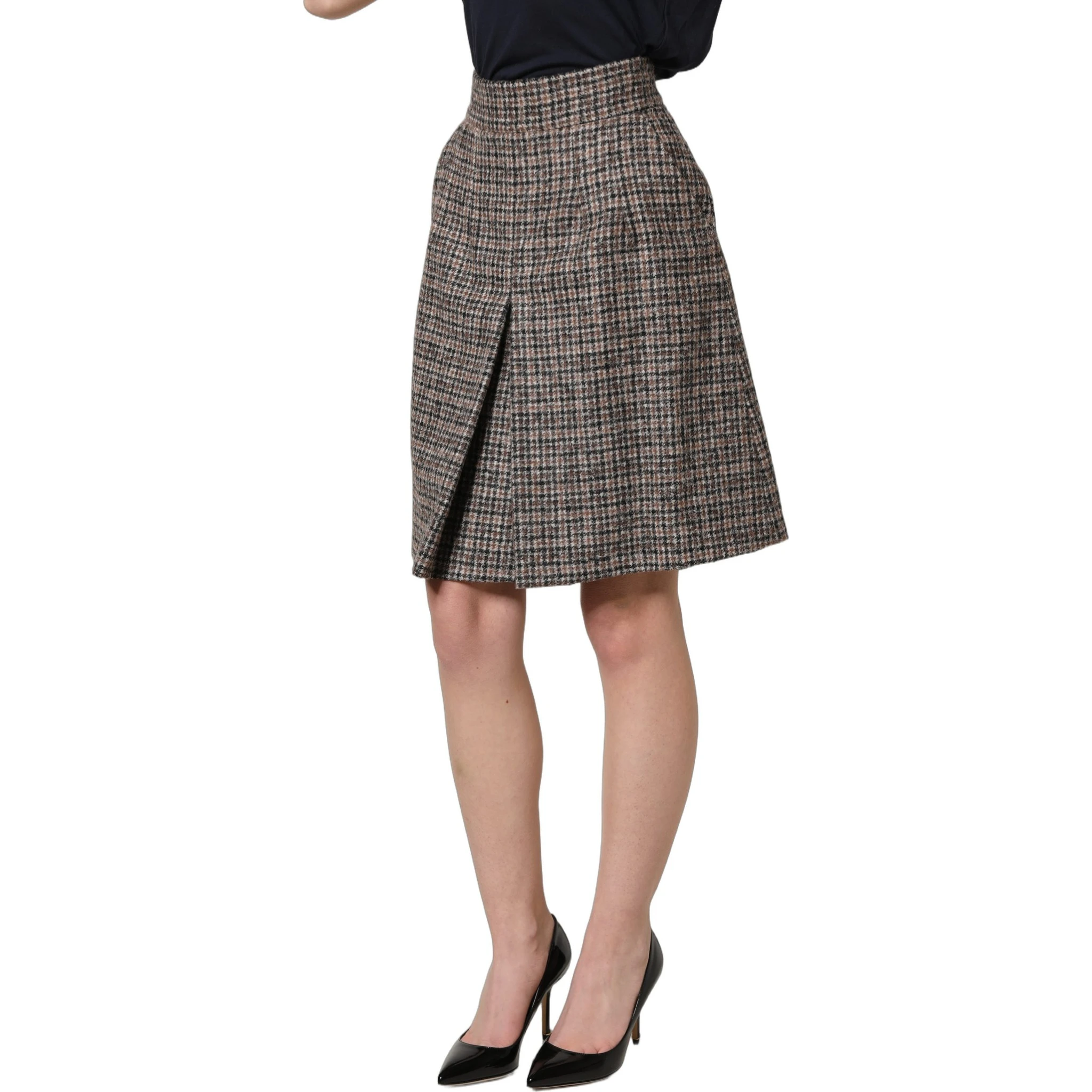 Brown Tweed Kick Pleat High Waist Mini Skirt