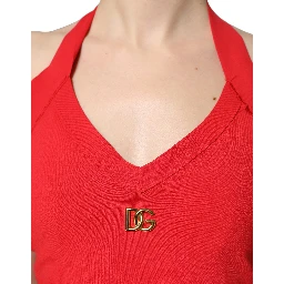 Red Viscose Sleeveless Halter Crop Tank Top