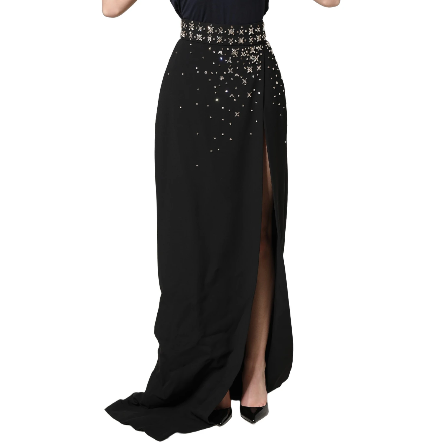 Black Crystal Embellished High Slit Skirt