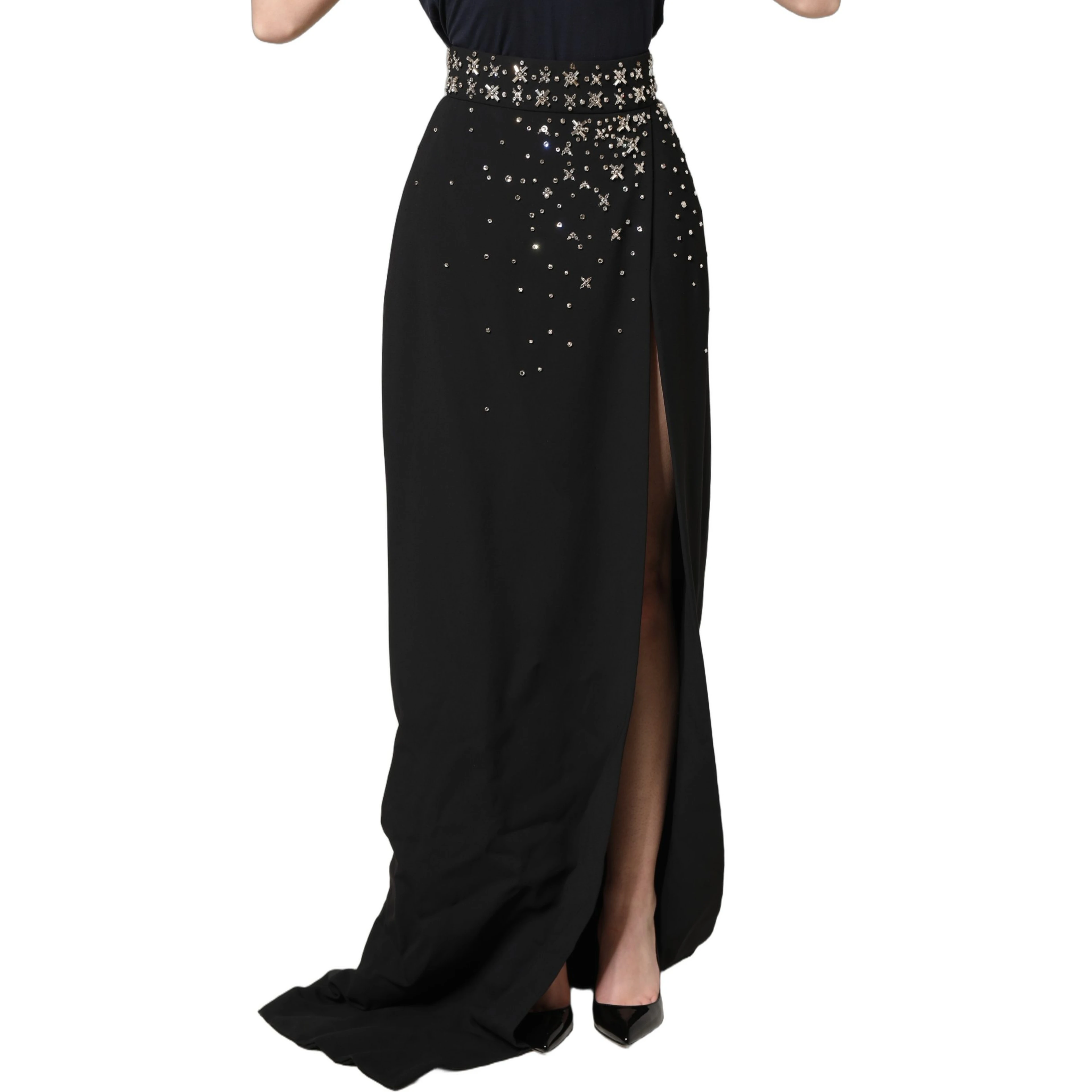 Black Crystal Embellished High Slit Skirt