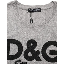 Gray Cotton Logo Printed Crew Neck T-shirt