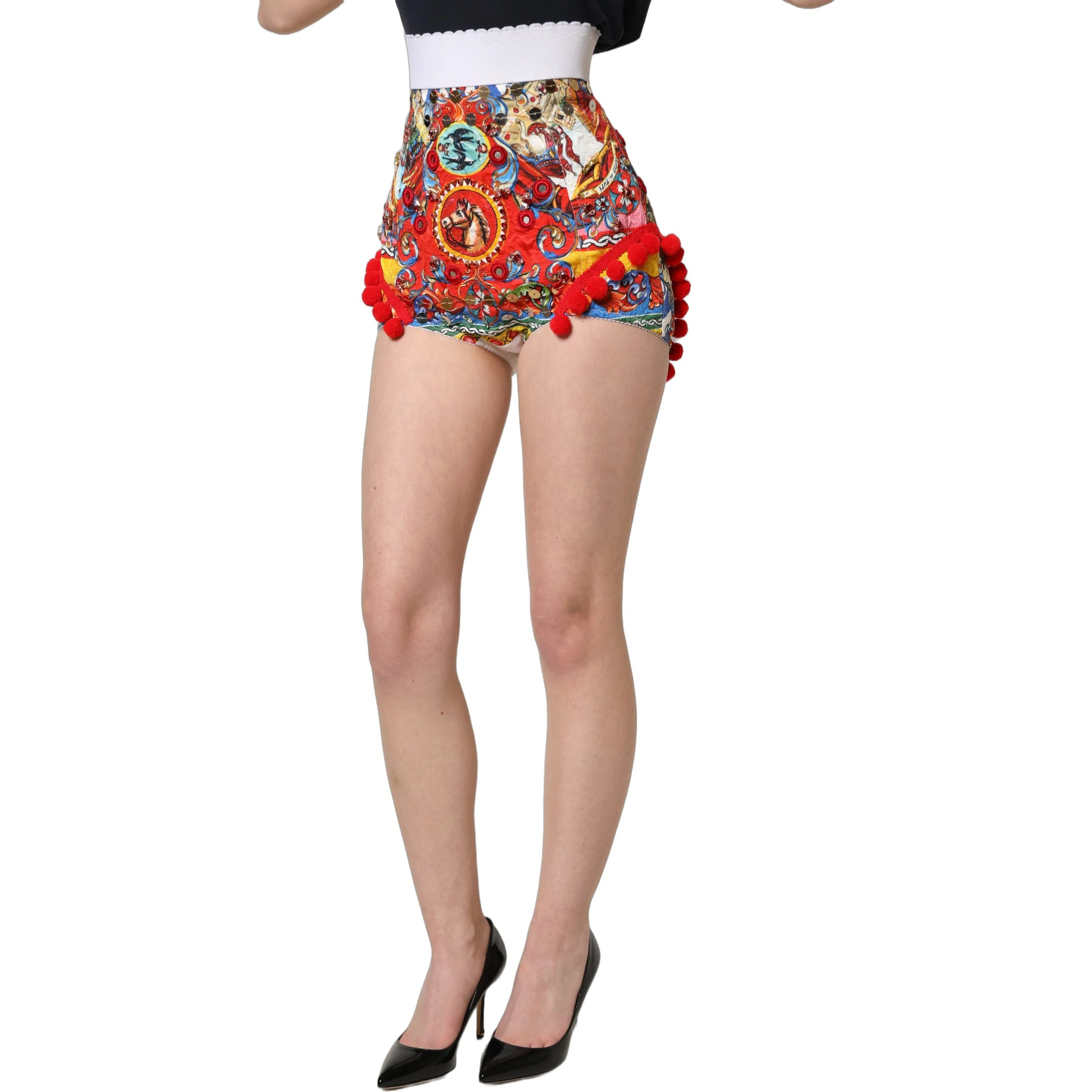 Multicolor Brocade Jewelled High Waist Hotpants Skirt