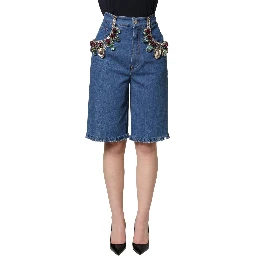 Blue Cotton Embellished BermudaDenim Shorts