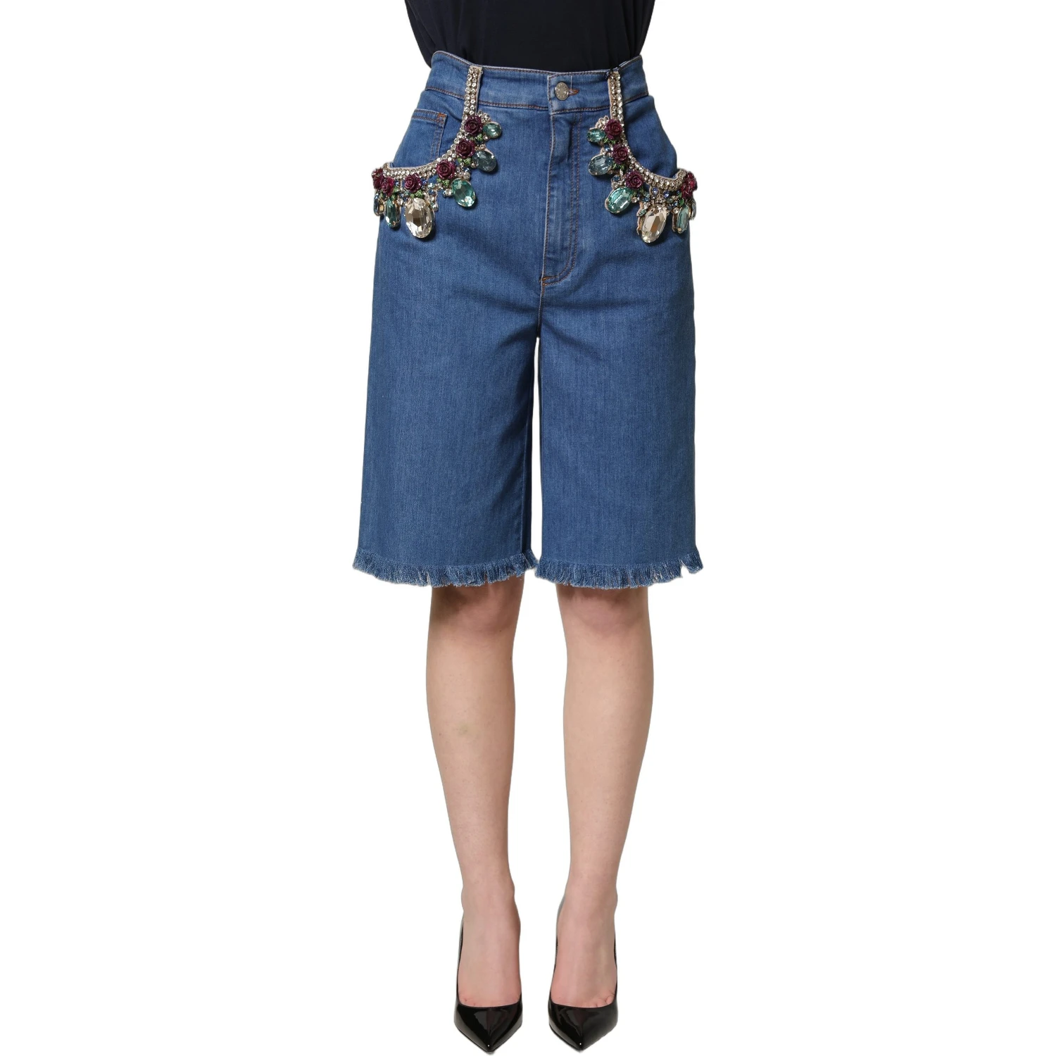 Blue Cotton Embellished BermudaDenim Shorts
