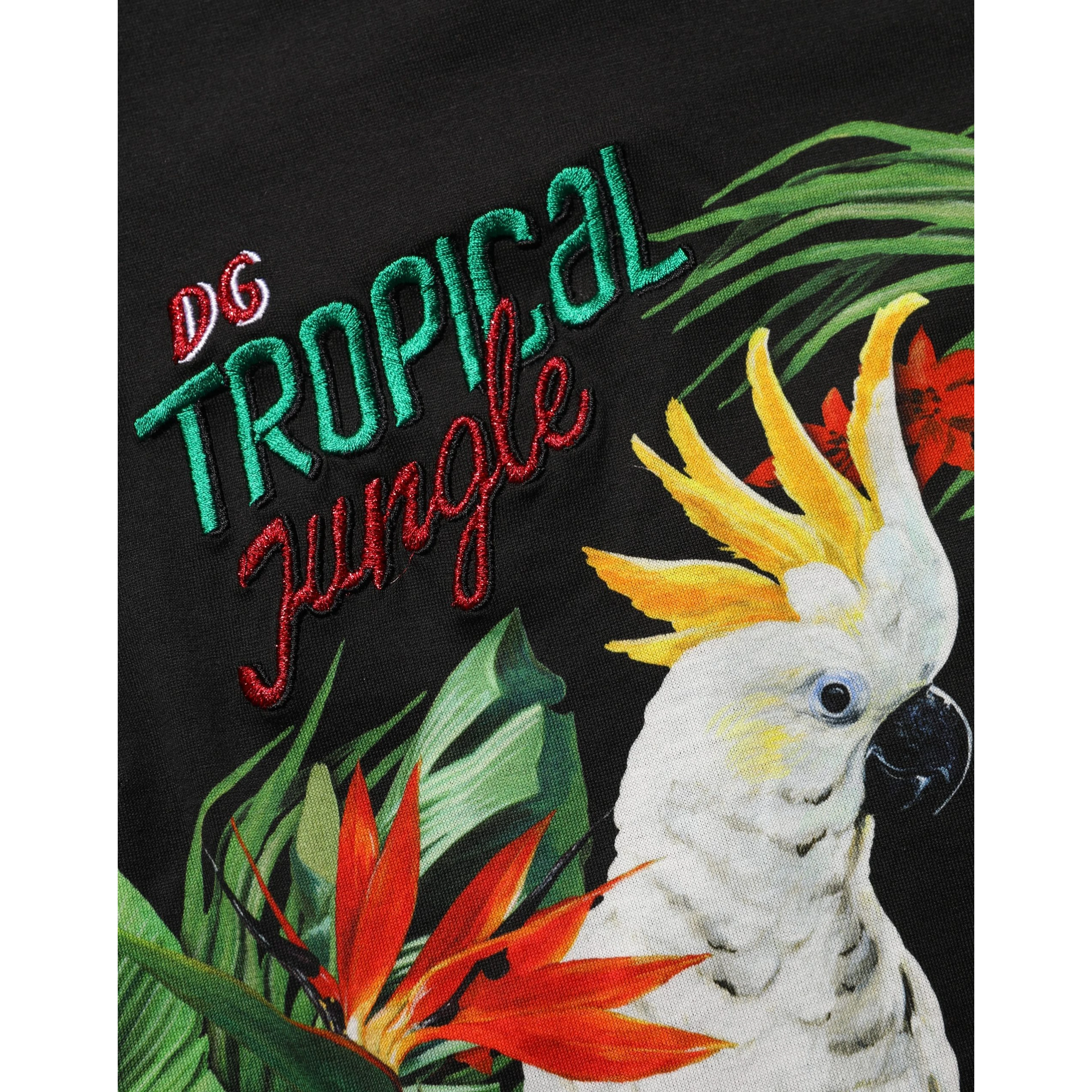 Black Tropical Print Cotton Round Neck T-Shirt