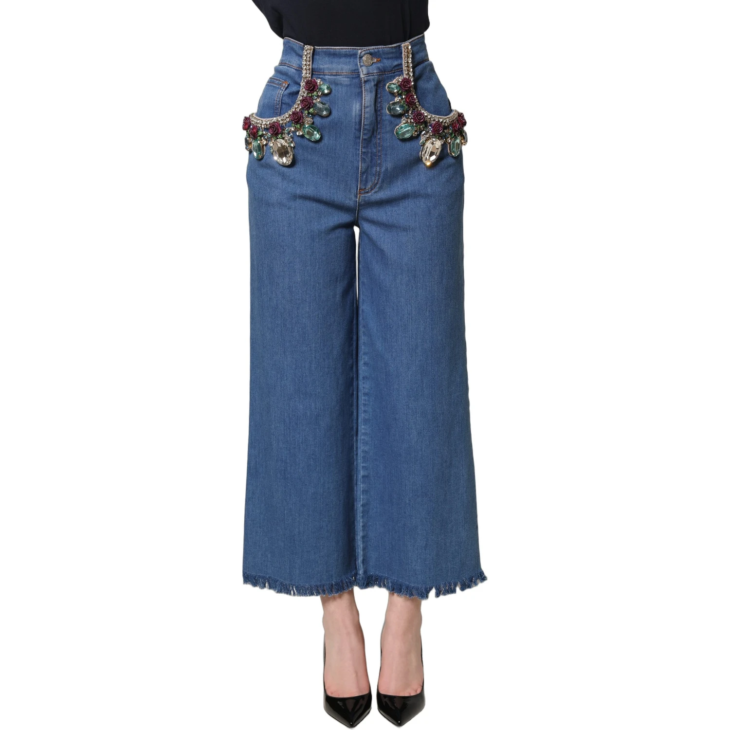 Blue Embellished Wide Cropped Denim Jeans