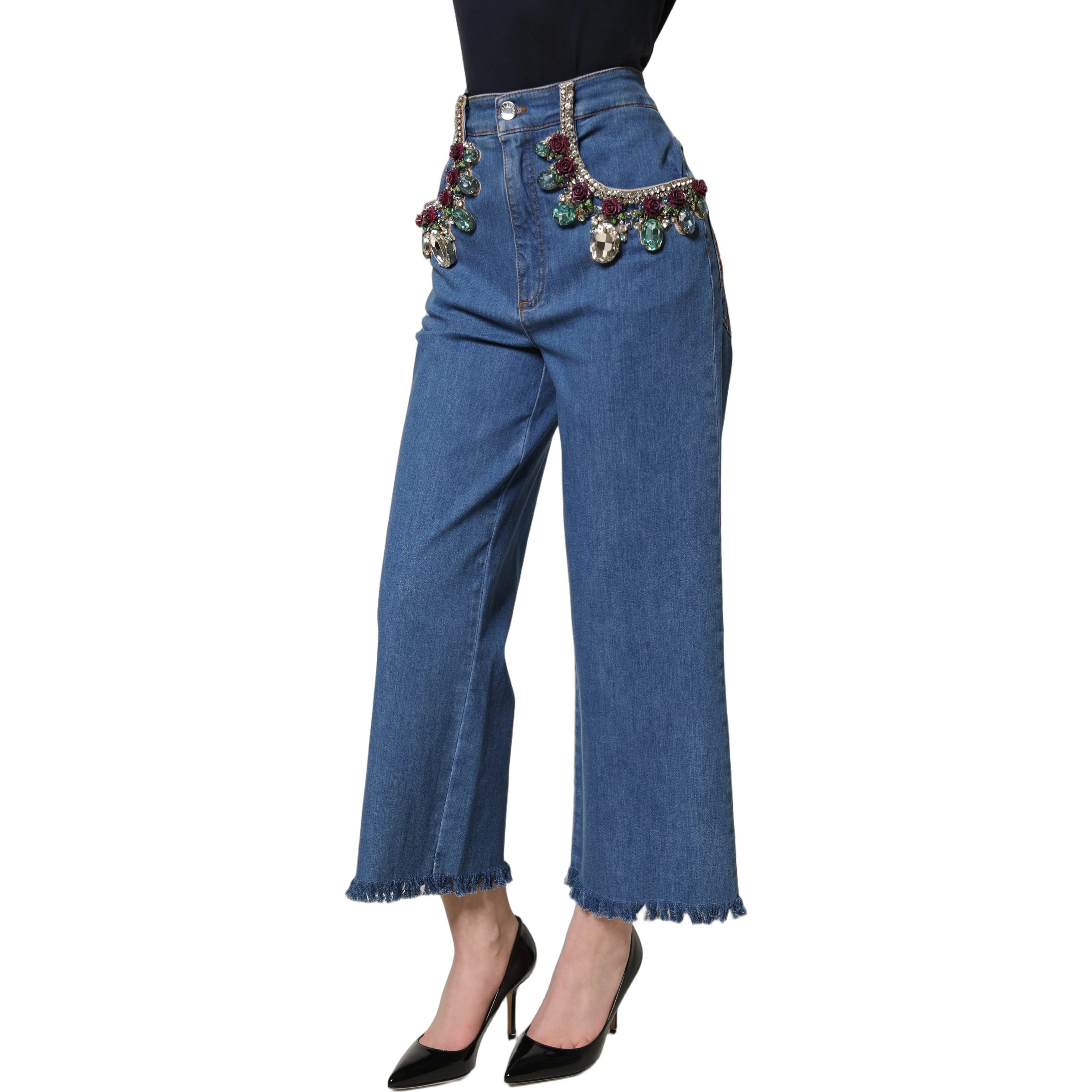 Blue Embellished Wide Cropped Denim Jeans