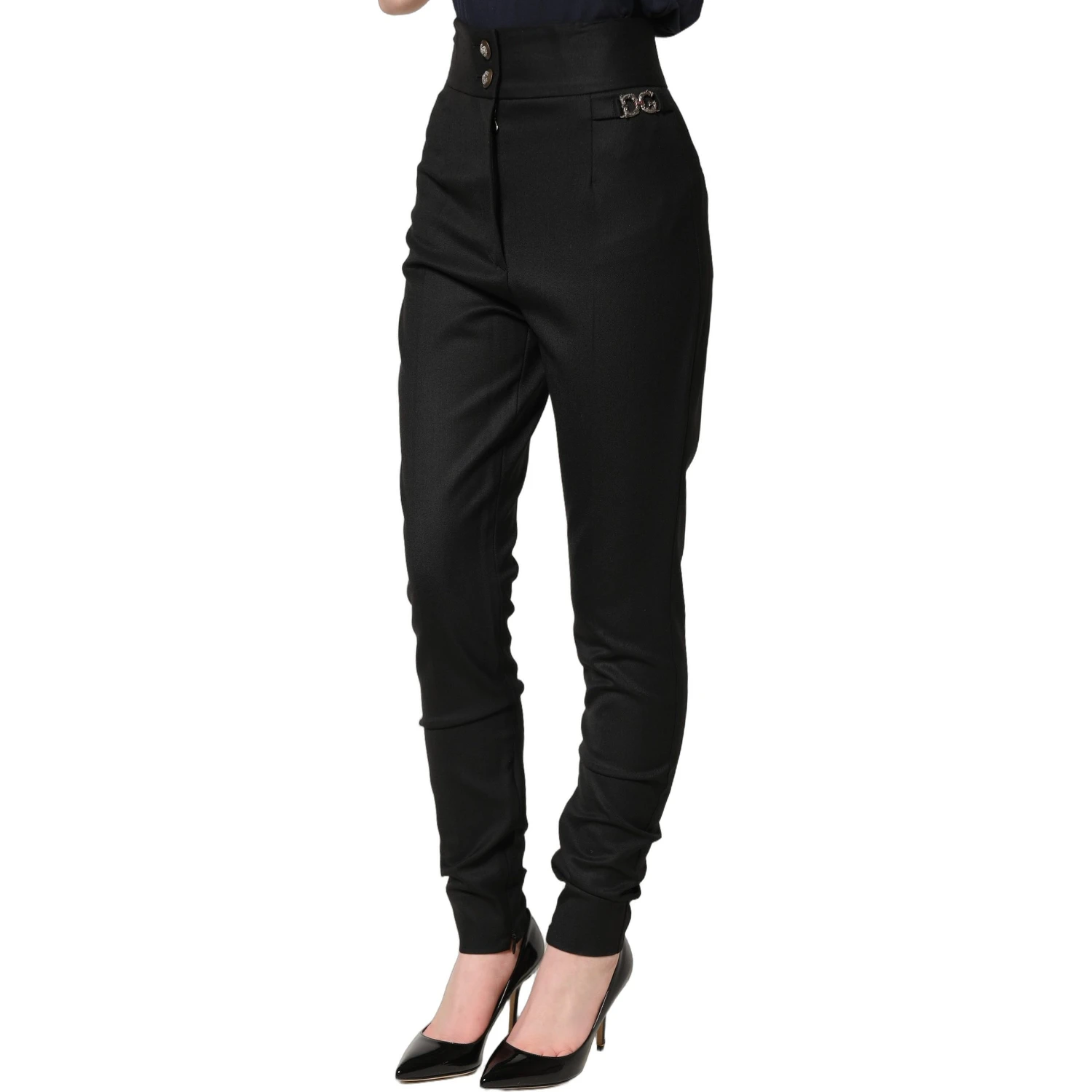 Black Wool High Waisted Logo Trouser Pants