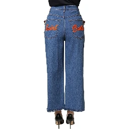Blue Embellished Wide Cropped Denim Jeans