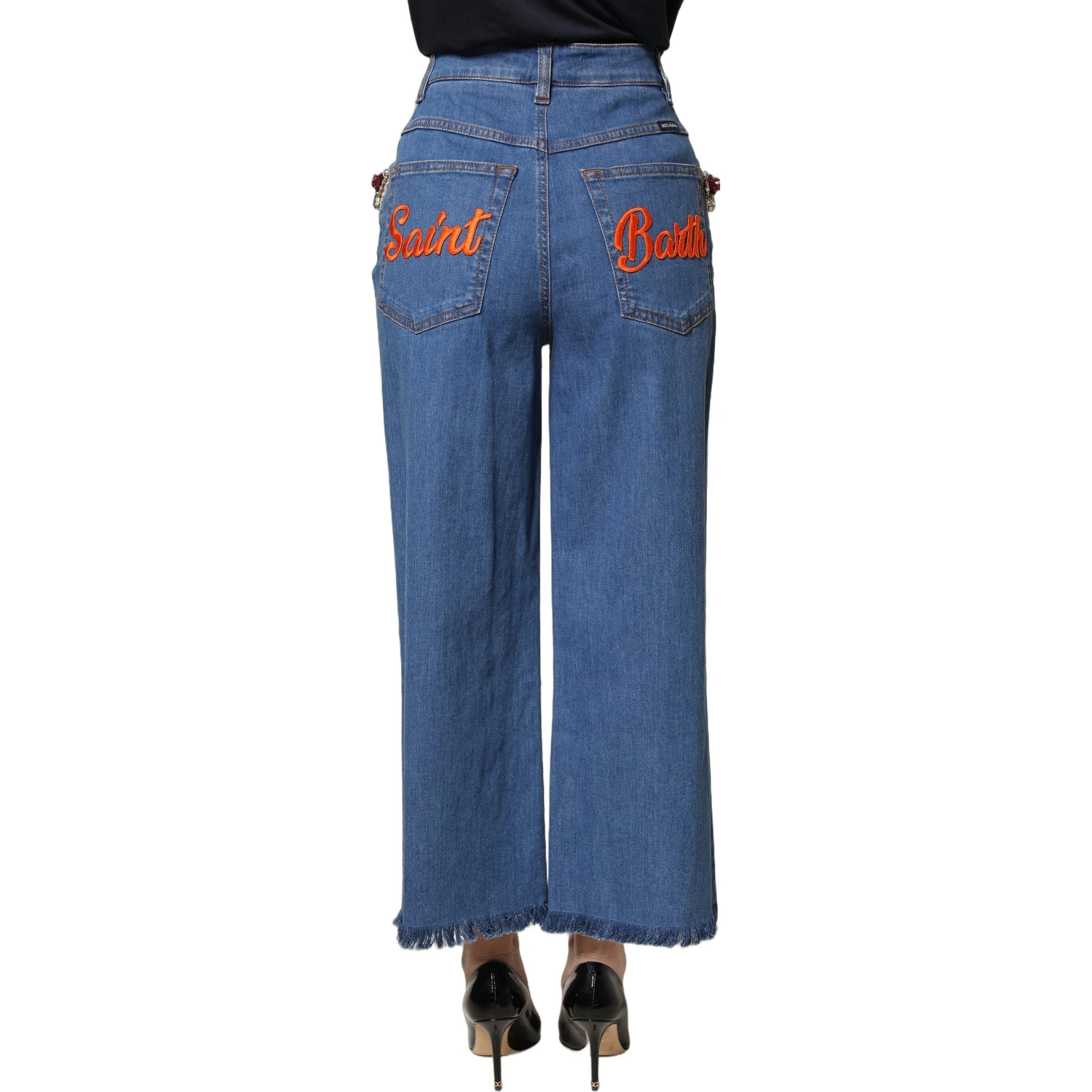 Blue Embellished Wide Cropped Denim Jeans