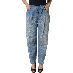 Blue Distressed Pleated Cotton Denim Jeans