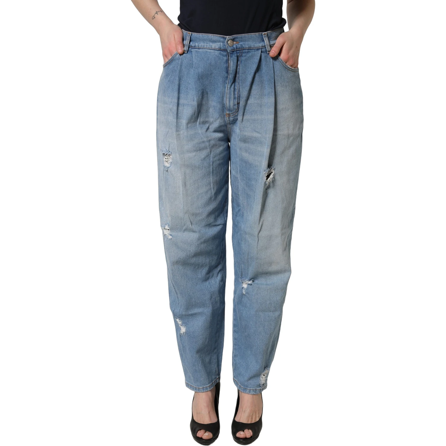 Blue Distressed Pleated Cotton Denim Jeans