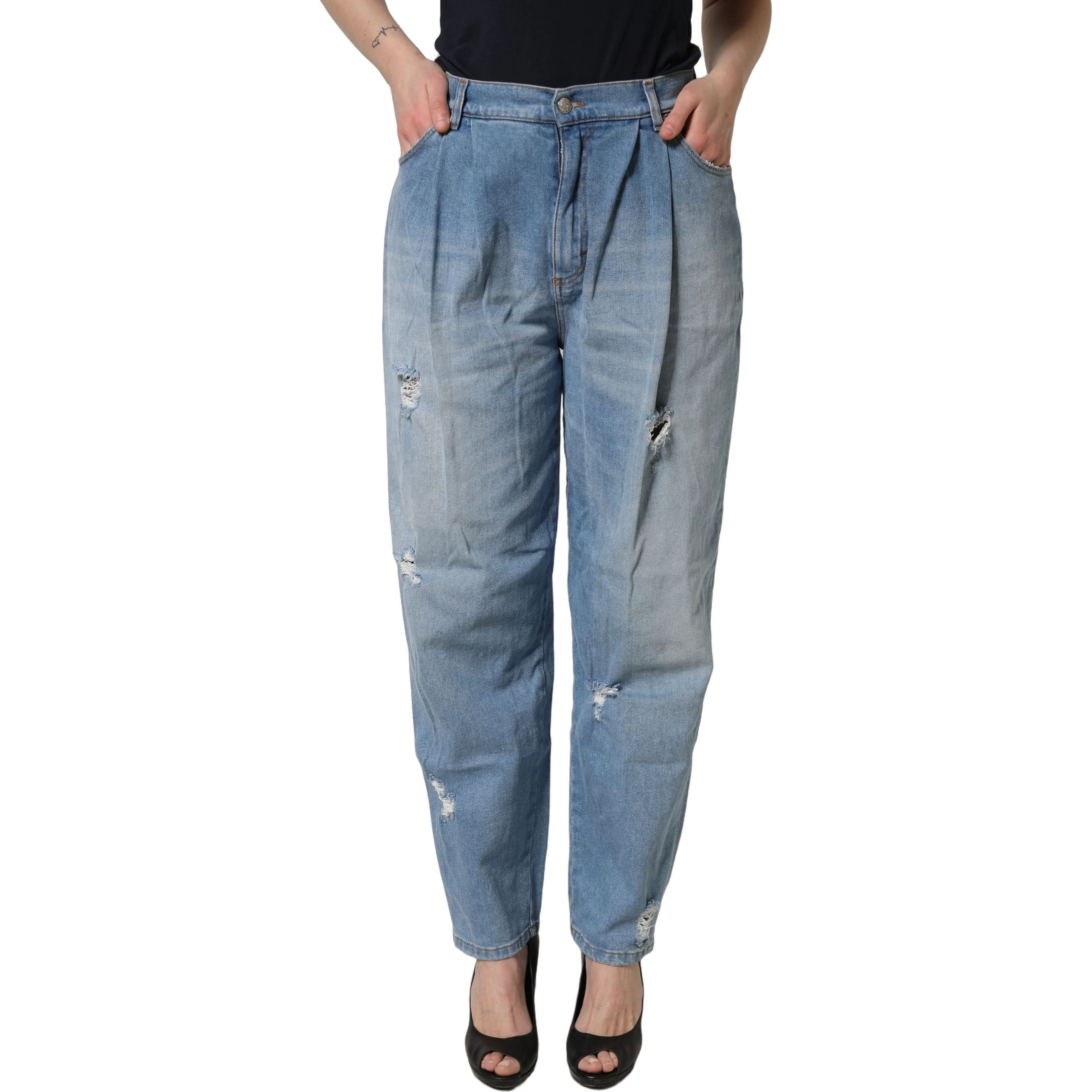 Blue Distressed Pleated Cotton Denim Jeans