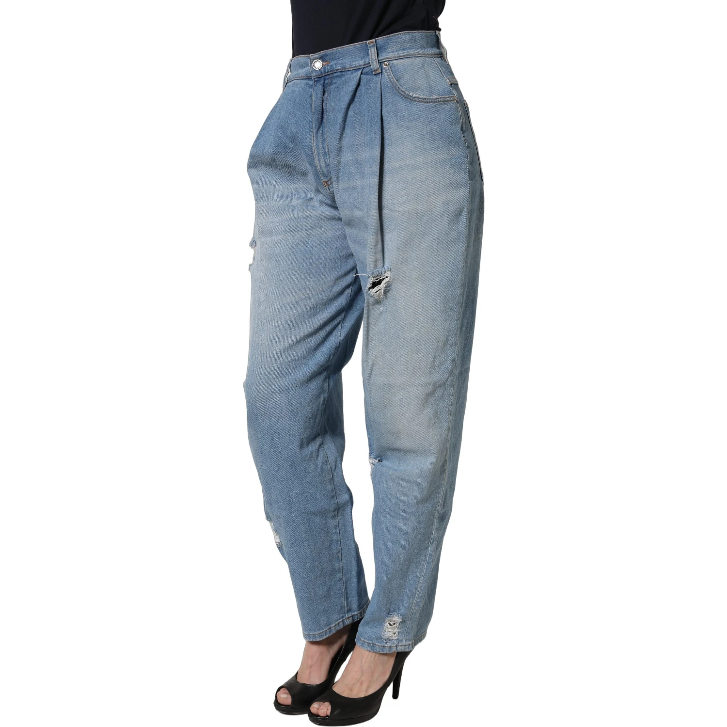 Blue Distressed Pleated Cotton Denim Jeans
