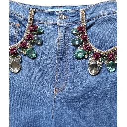 Blue Embellished Wide Cropped Denim Jeans