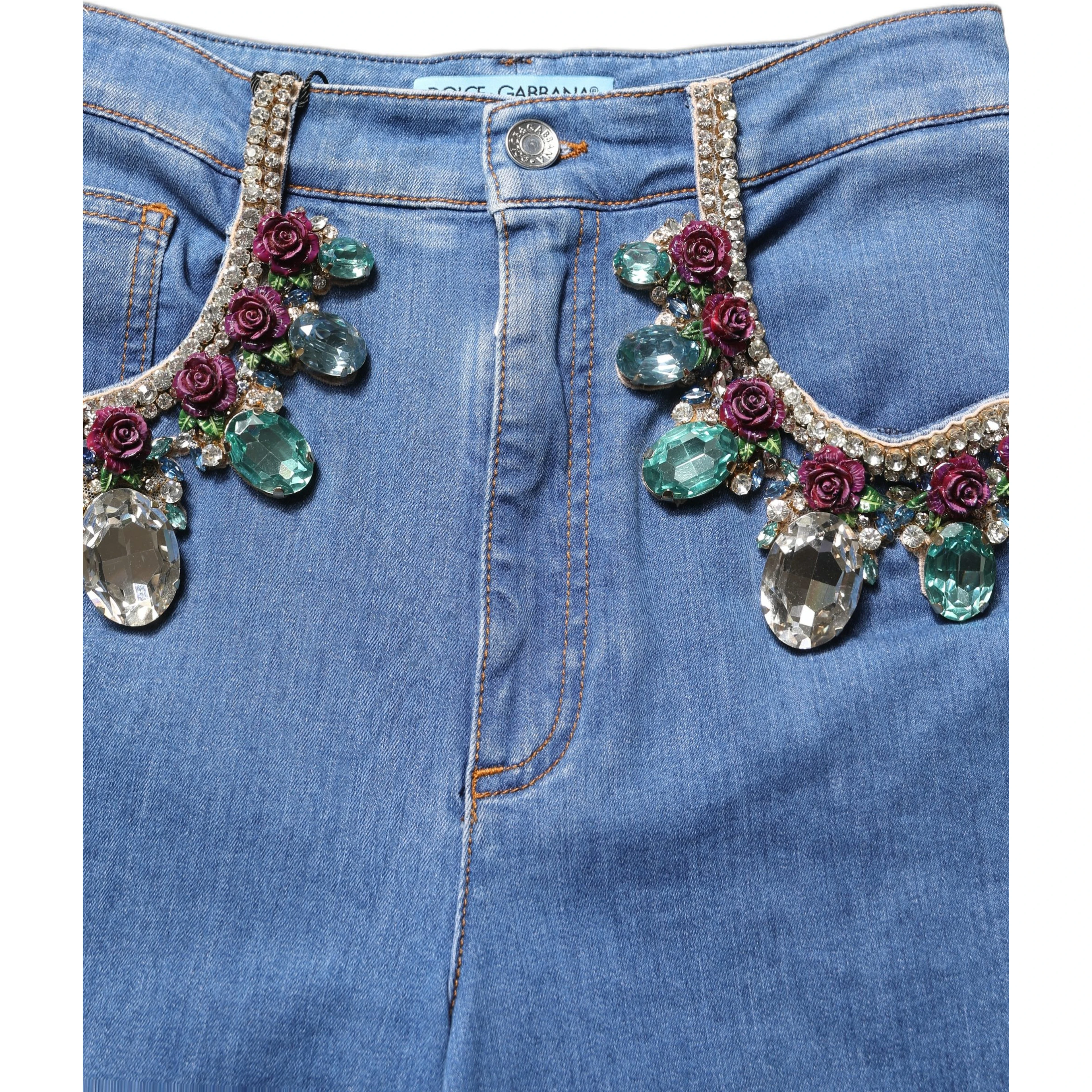 Blue Embellished Wide Cropped Denim Jeans