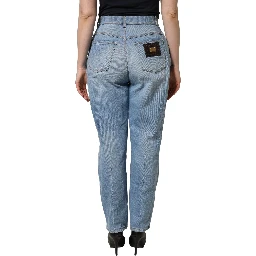 Blue Distressed Pleated Cotton Denim Jeans