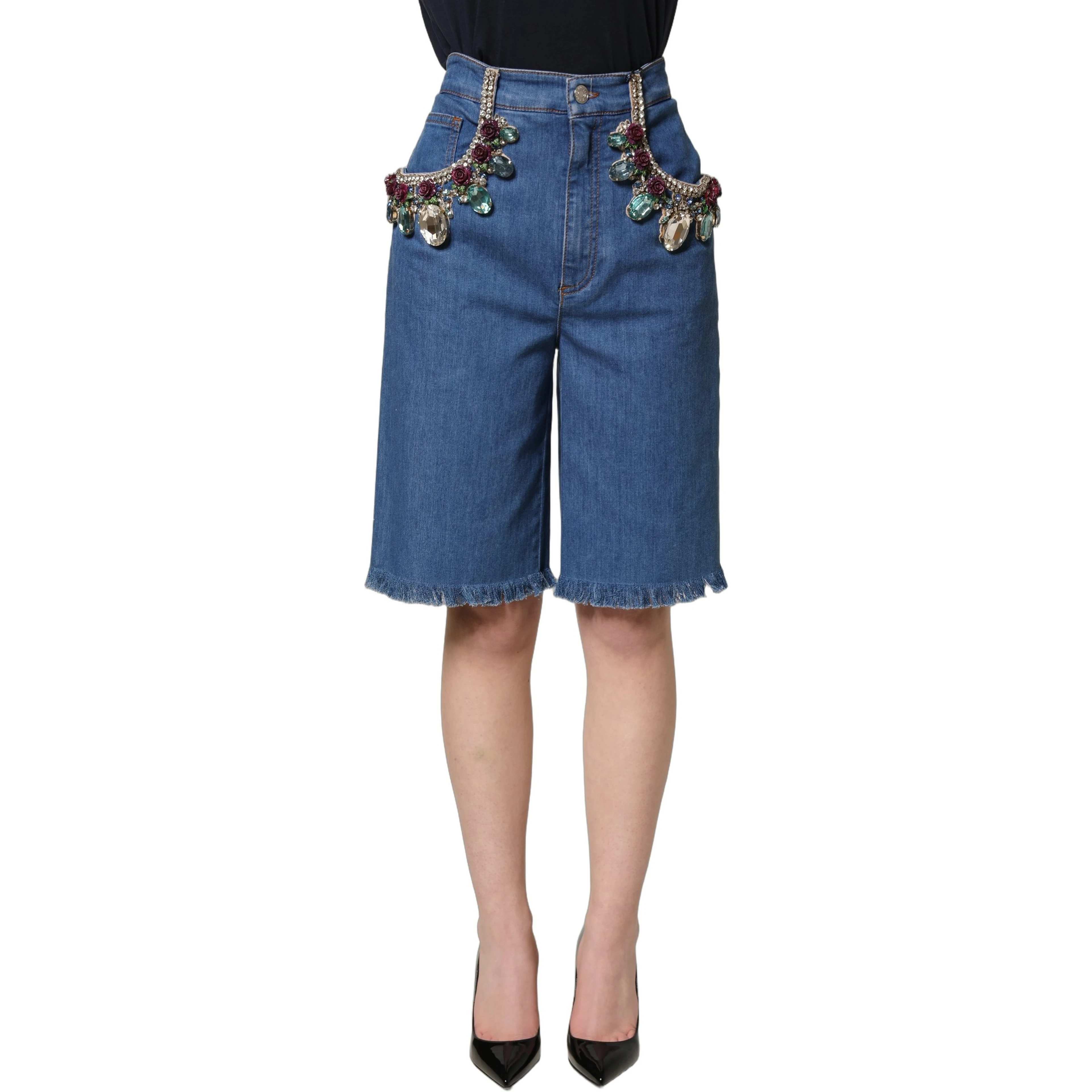 Blue Cotton Embellished BermudaDenim Shorts