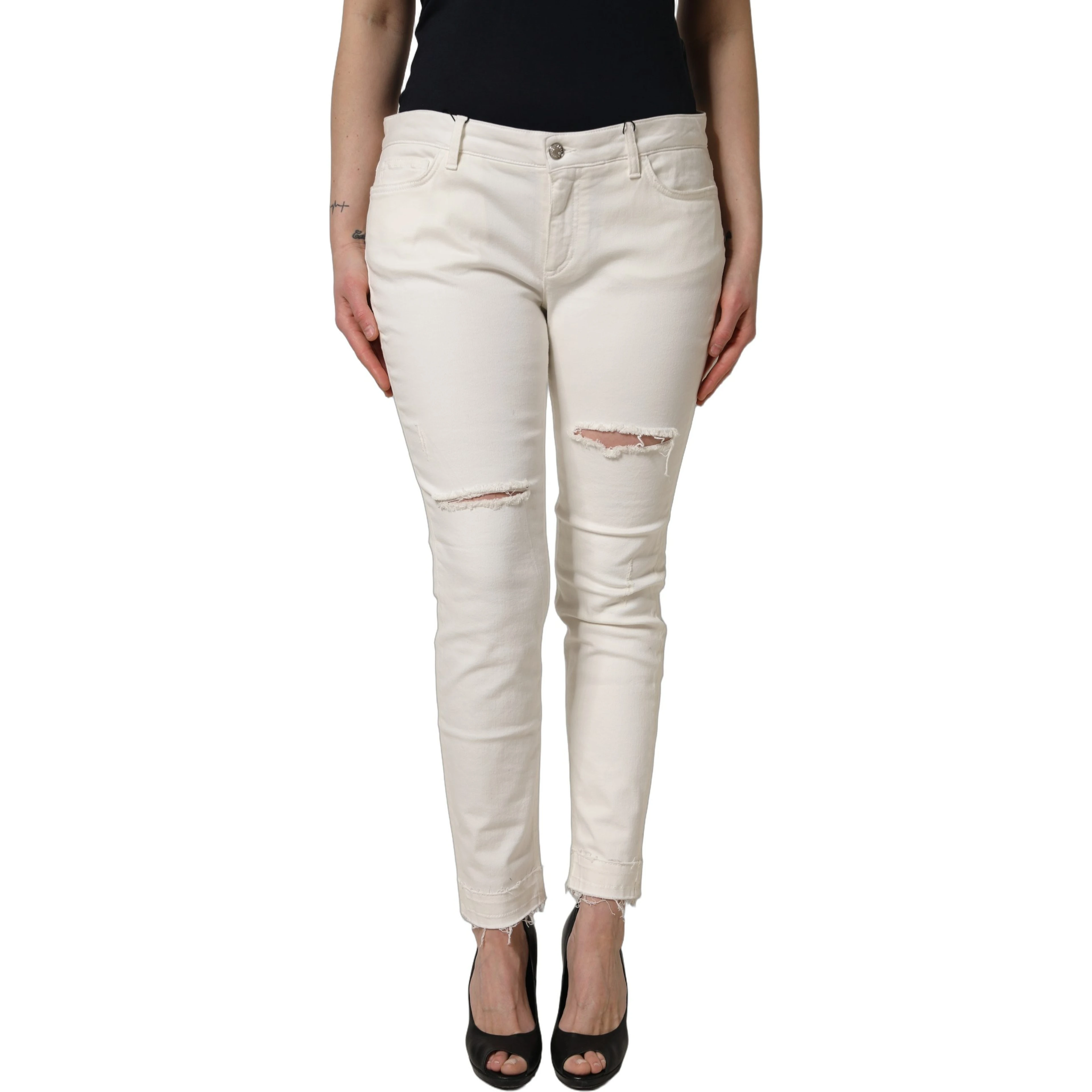 White Tattered Skinny Cotton Denim Jeans