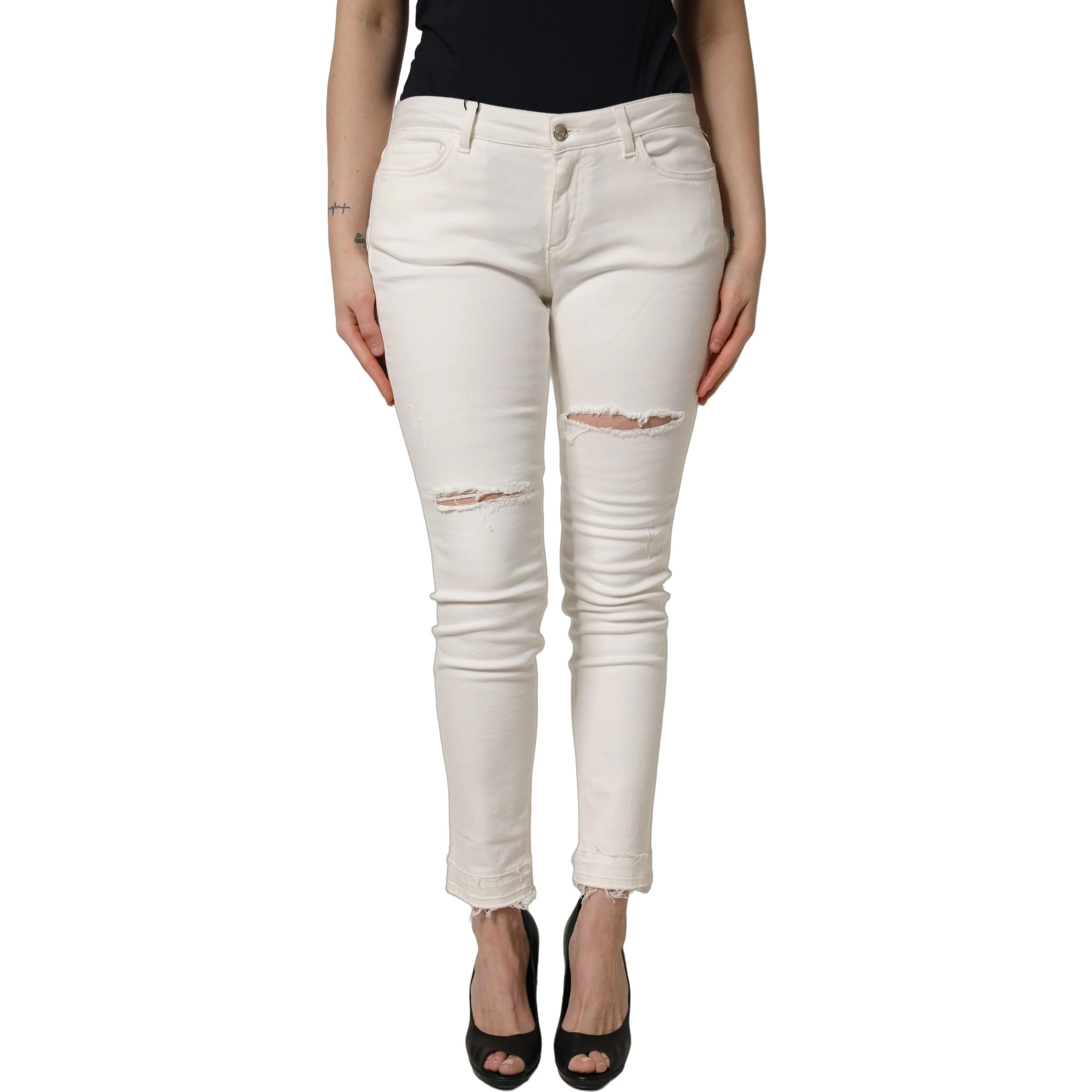 White Tattered Skinny Cotton Denim Jeans