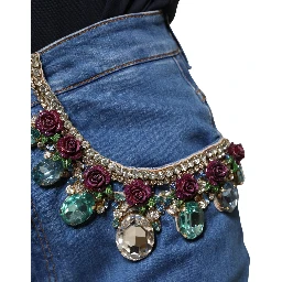 Blue Embellished Wide Cropped Denim Jeans