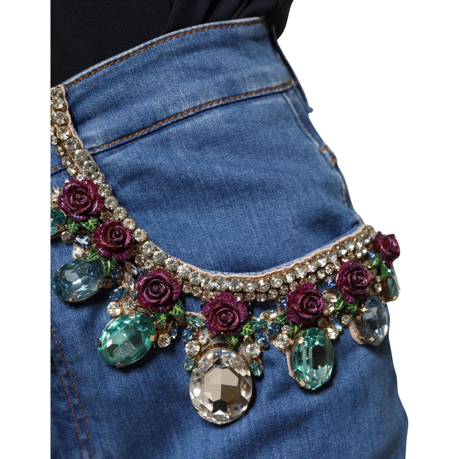 Blue Embellished Wide Cropped Denim Jeans