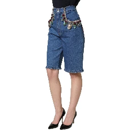 Blue Cotton Embellished BermudaDenim Shorts