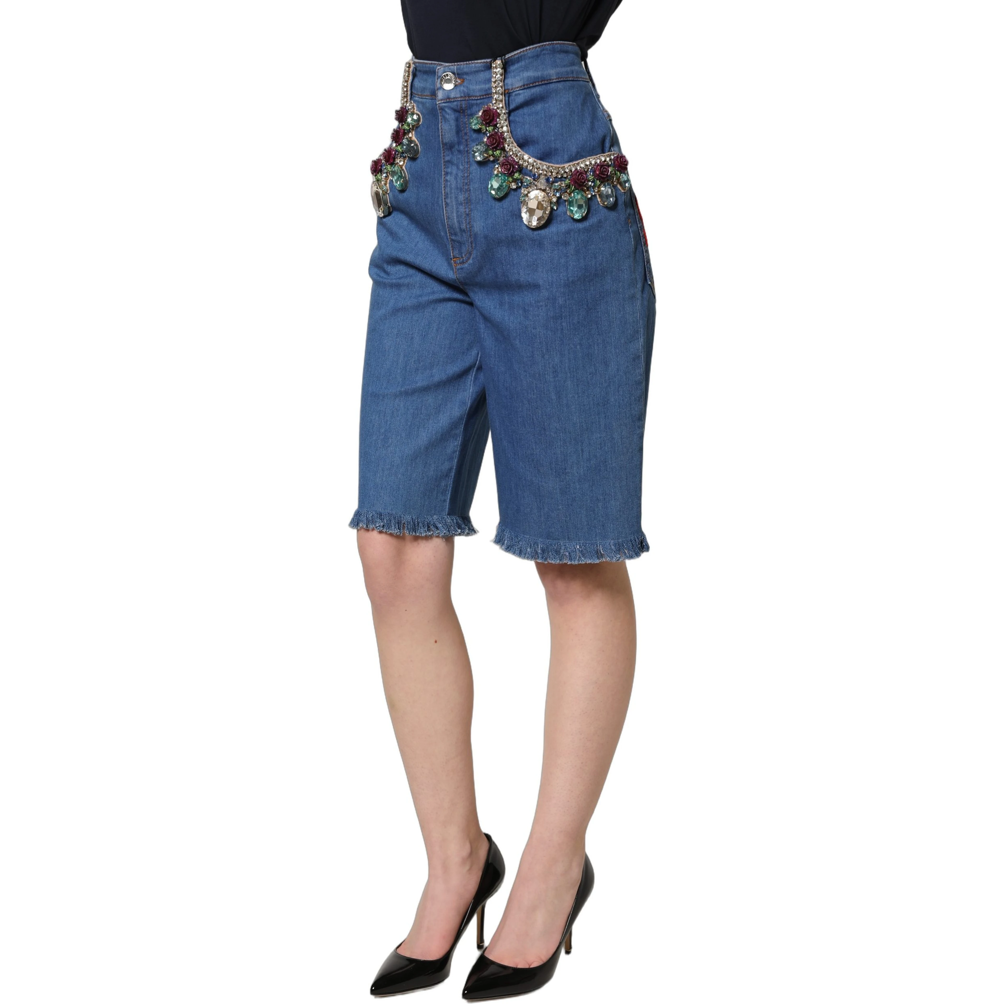 Blue Cotton Embellished BermudaDenim Shorts