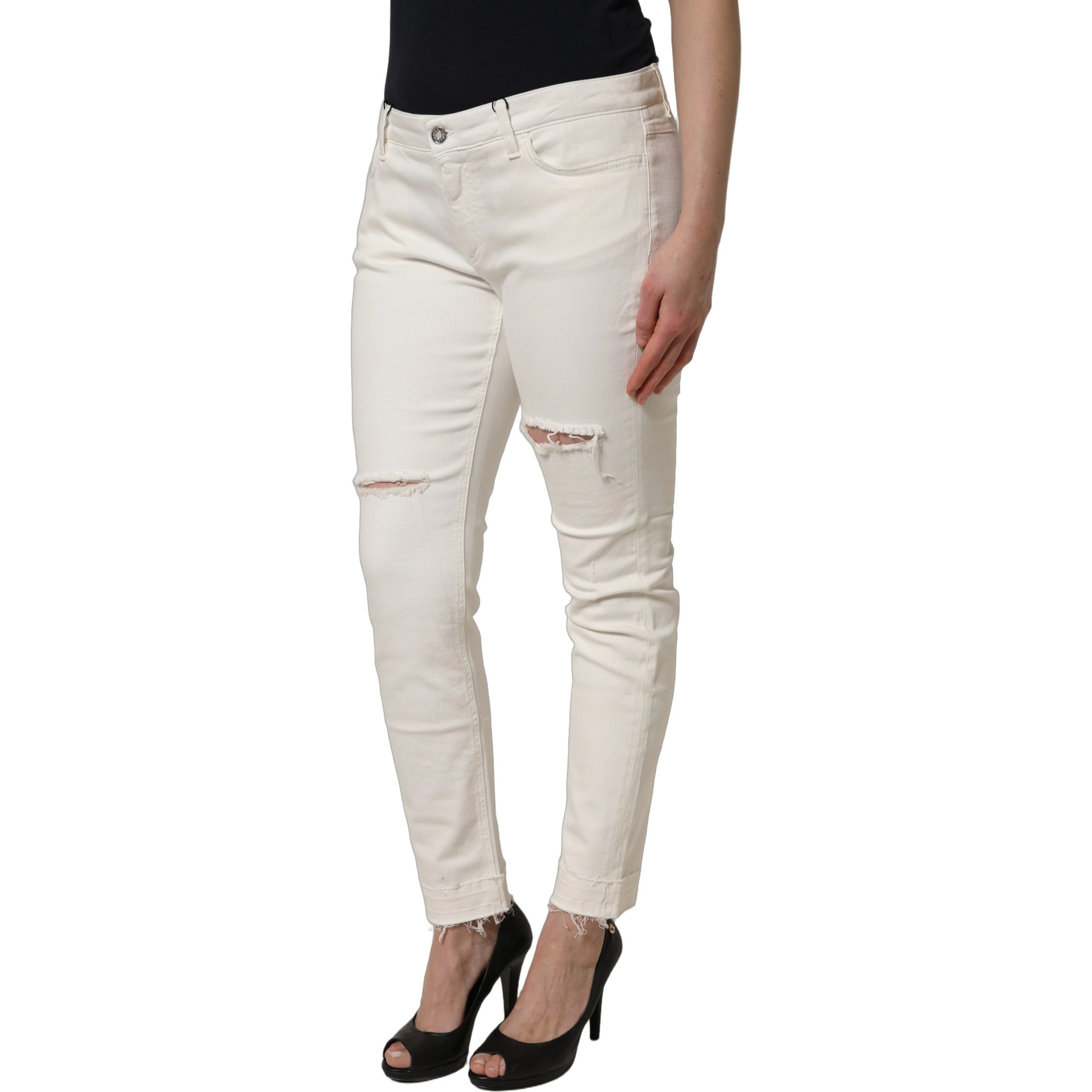 White Tattered Skinny Cotton Denim Jeans