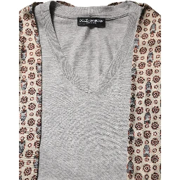 Gray Cotton V-neck Owl Silk Scarf Top T-shirt