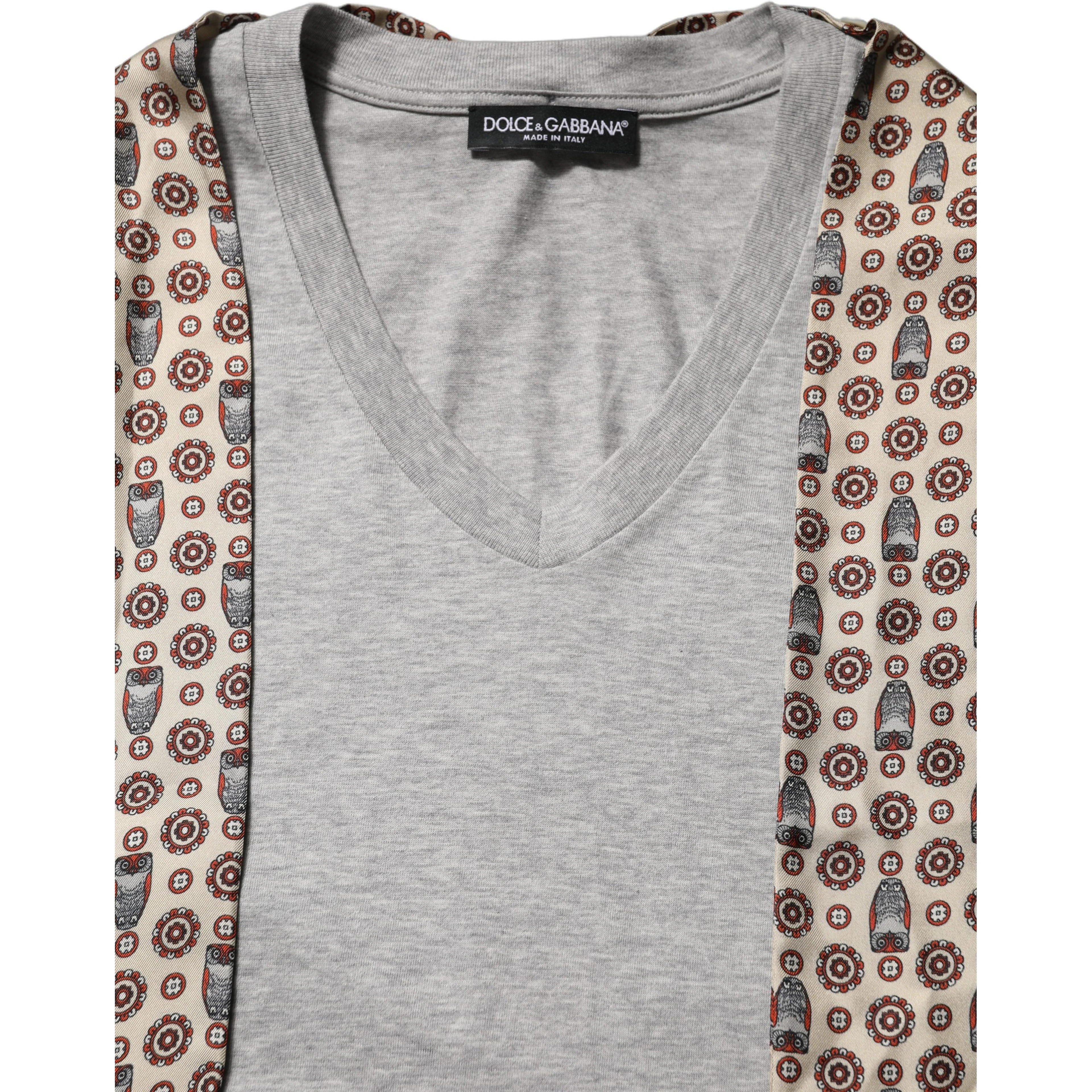 Gray Cotton V-neck Owl Silk Scarf Top T-shirt