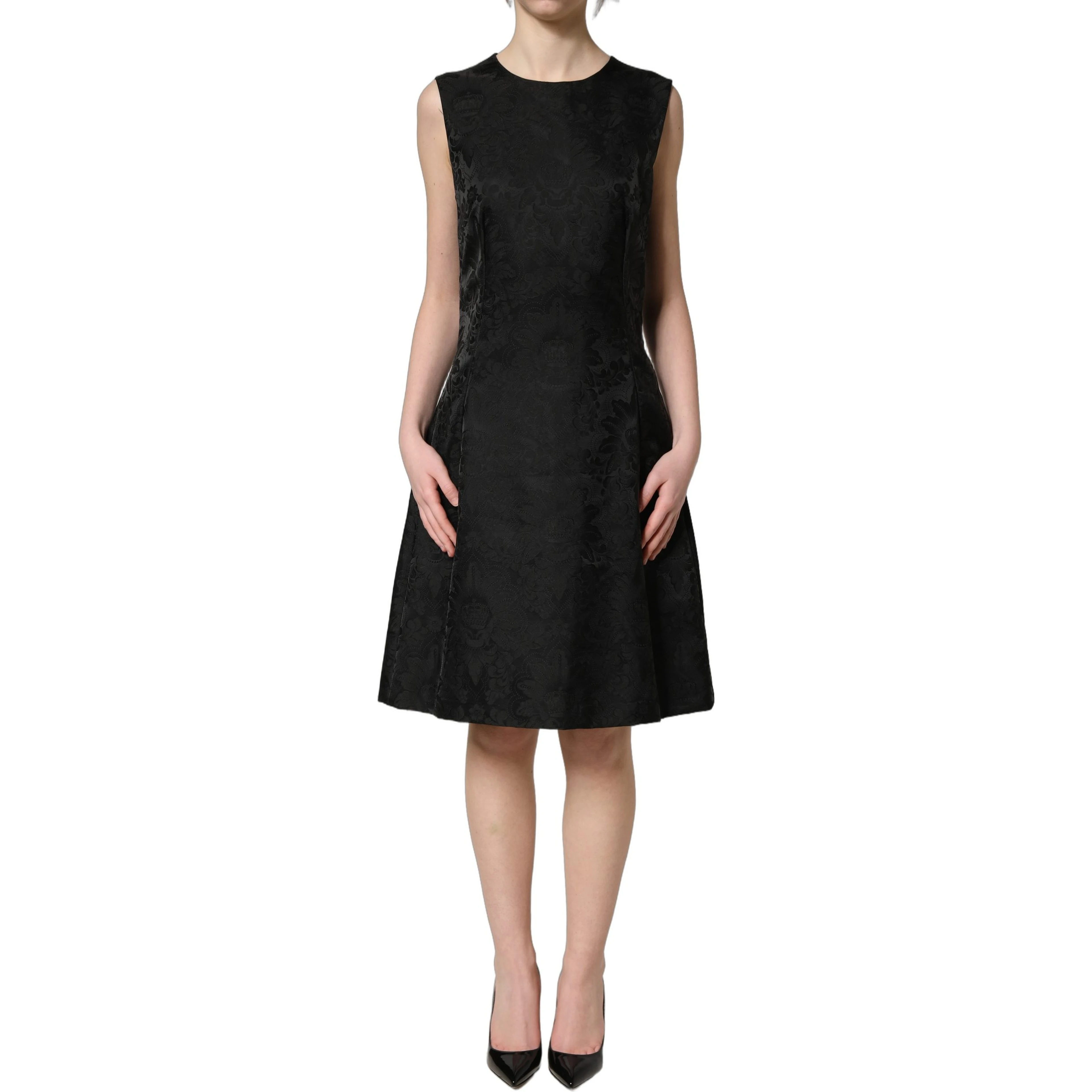 Black Floral Jacquard Sleeveless A-line Dress