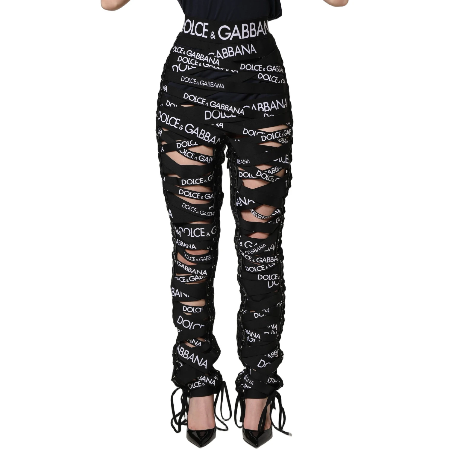 Black Logo Tape Cut Out Skinny High Waist Pants