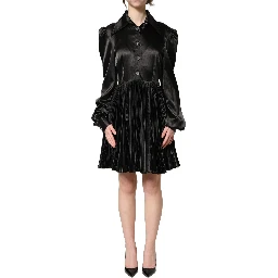 Black Satin Long Puff Sleeves Pleated Dress