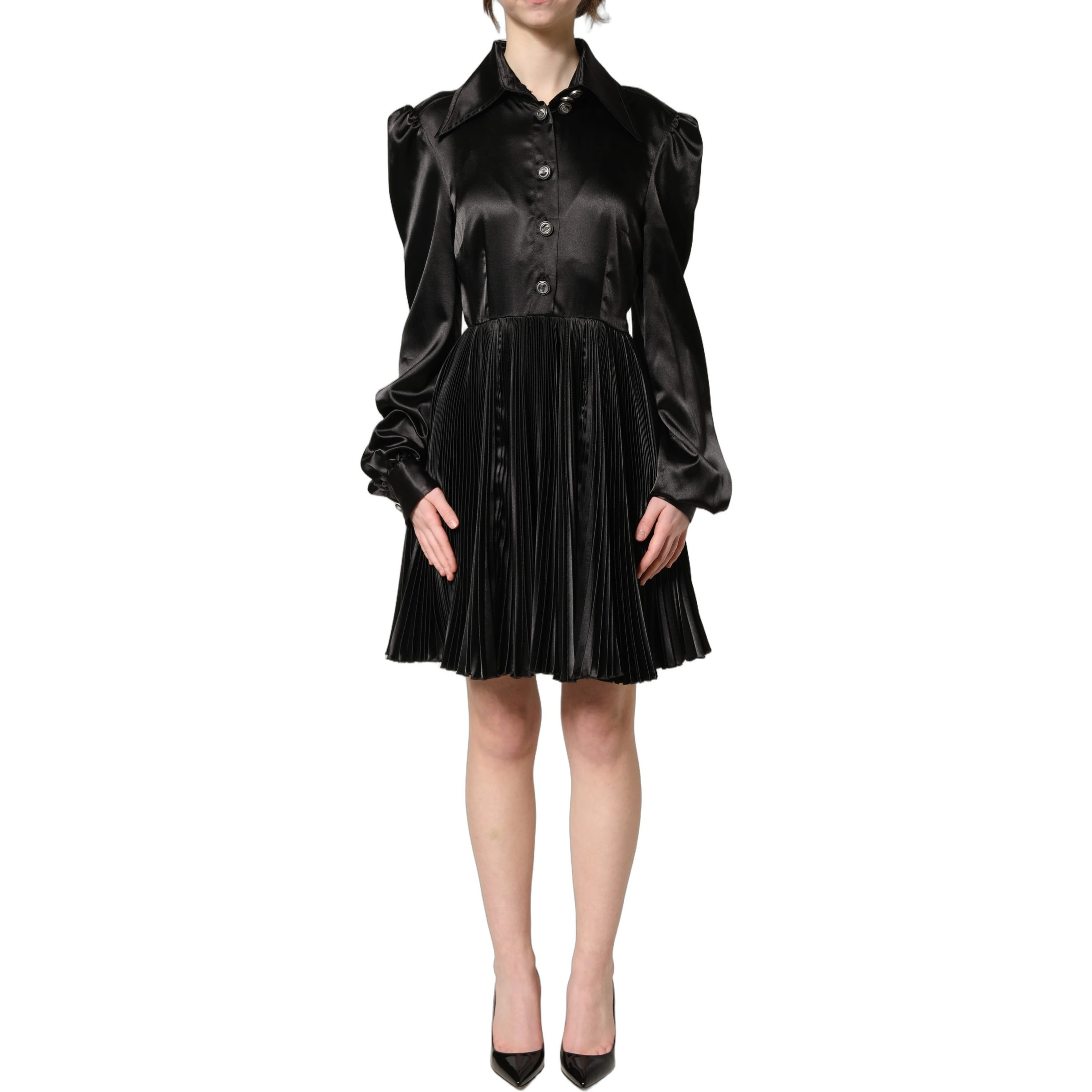 Black Satin Long Puff Sleeves Pleated Dress