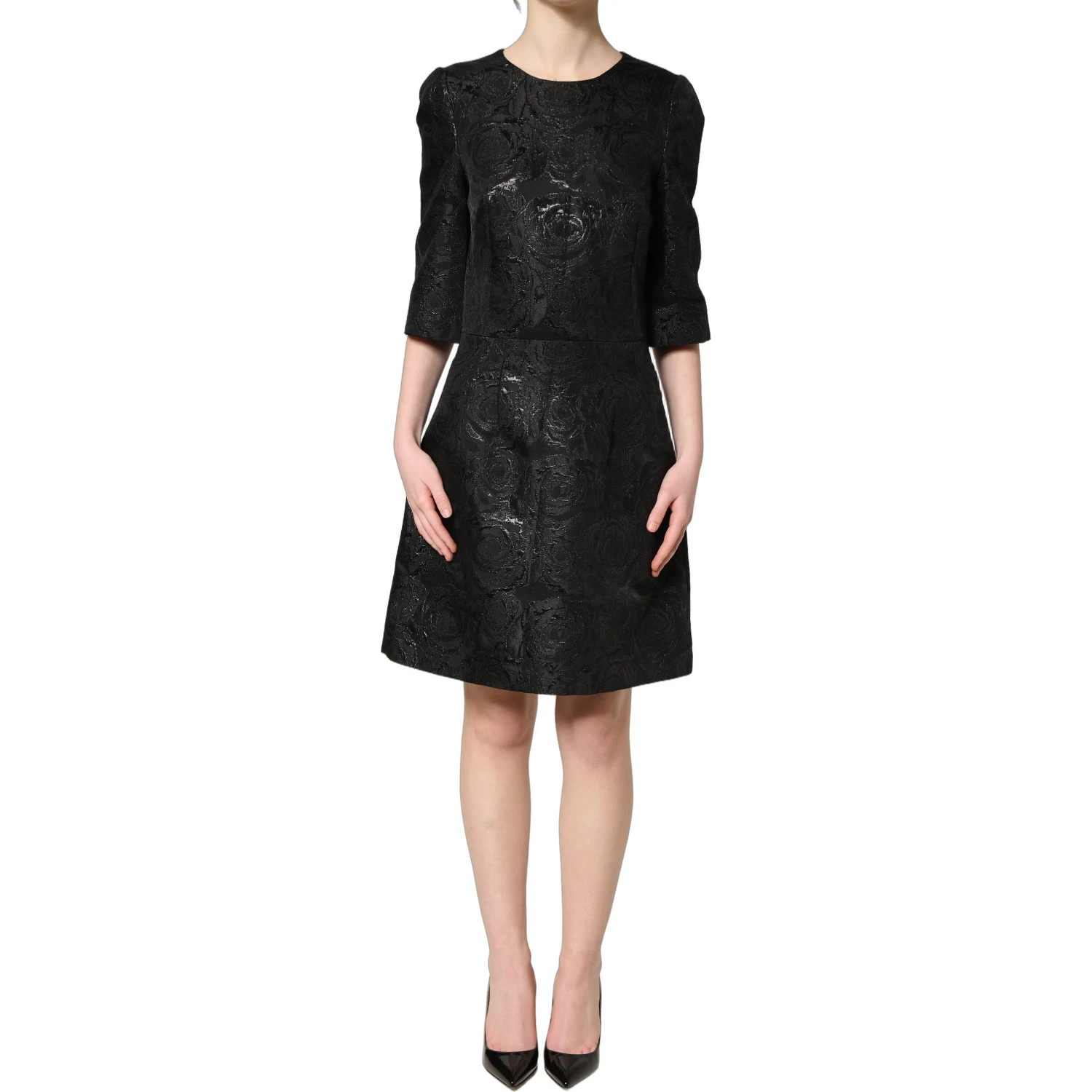 Black Floral Jacquard Flared A-line Dress