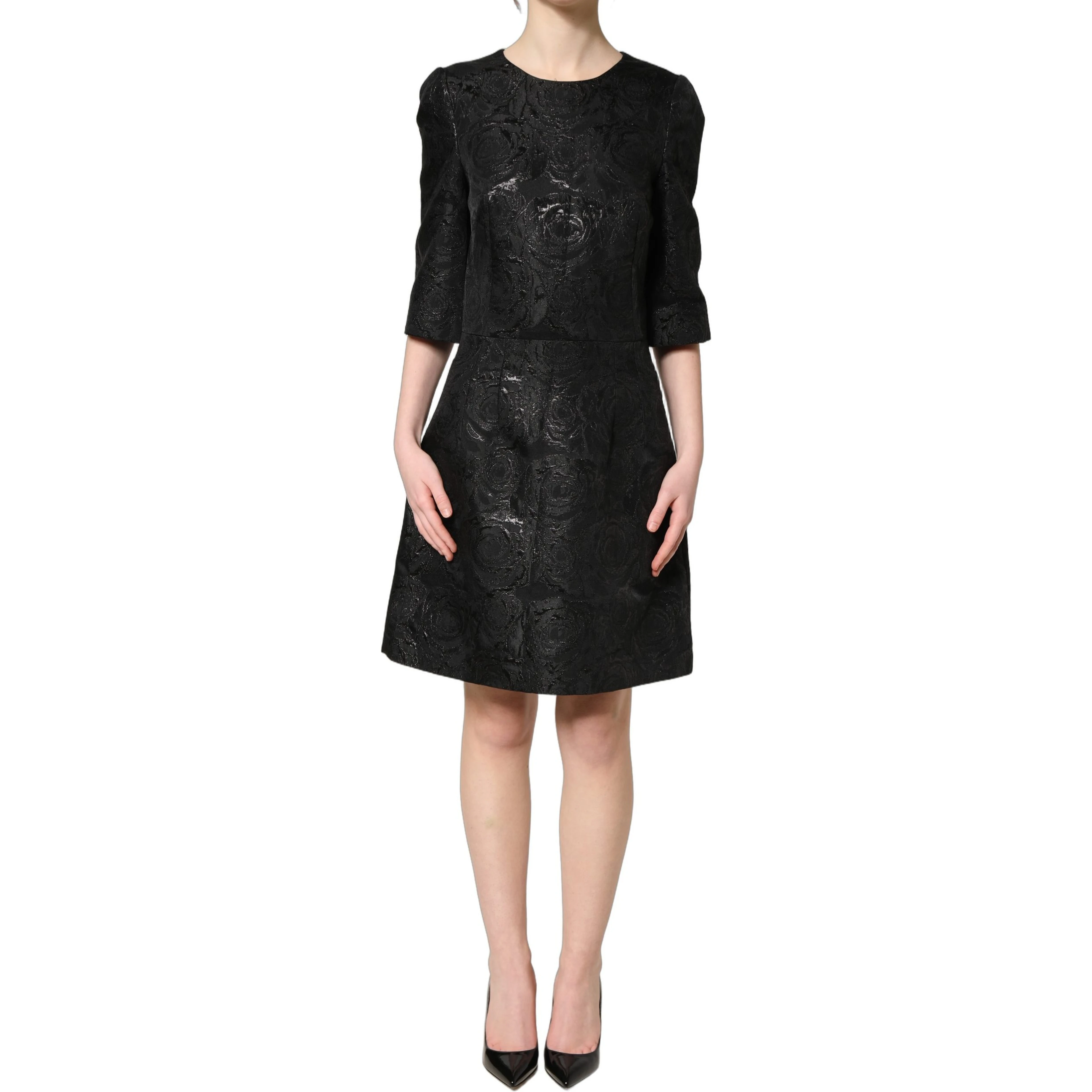 Black Floral Jacquard Flared A-line Dress