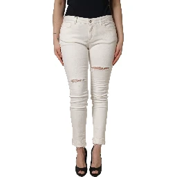 White Tattered Skinny Cotton Denim Jeans
