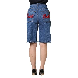 Blue Cotton Embellished BermudaDenim Shorts