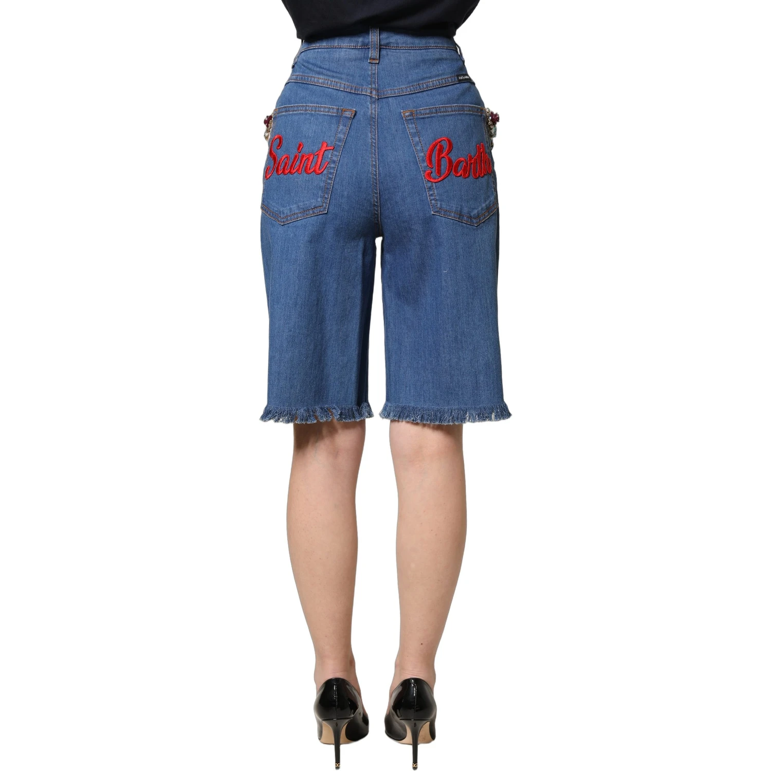 Blue Cotton Embellished BermudaDenim Shorts
