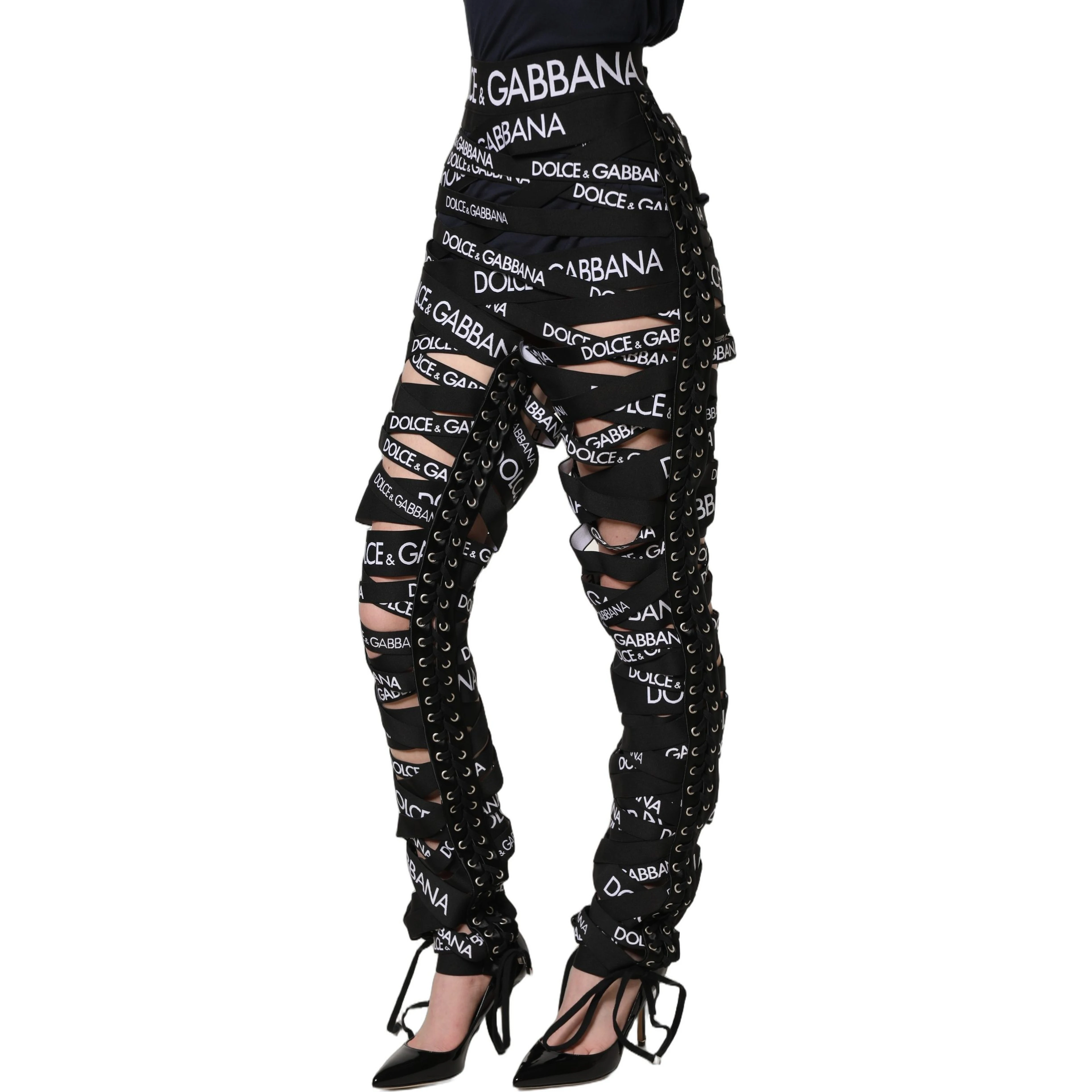 Black Logo Tape Cut Out Skinny High Waist Pants