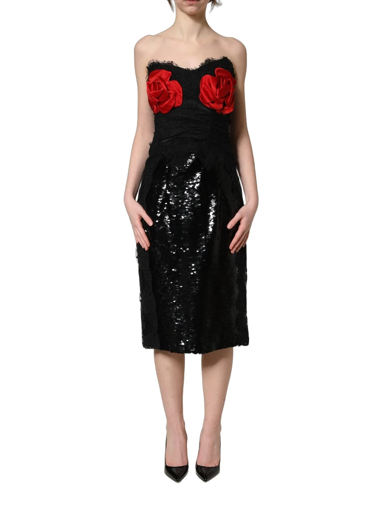 Black Strapless Red Rose Sequined Midi Dress alternative