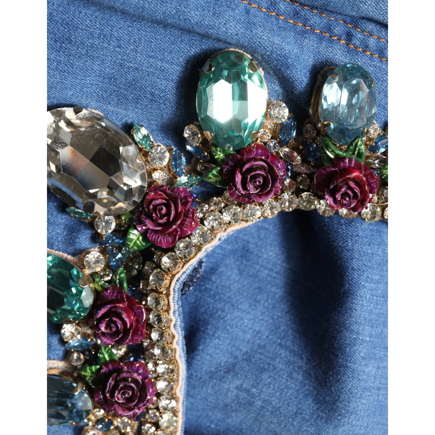 Blue Embellished Wide Cropped Denim Jeans