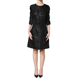 Black Floral Jacquard Flared A-line Dress