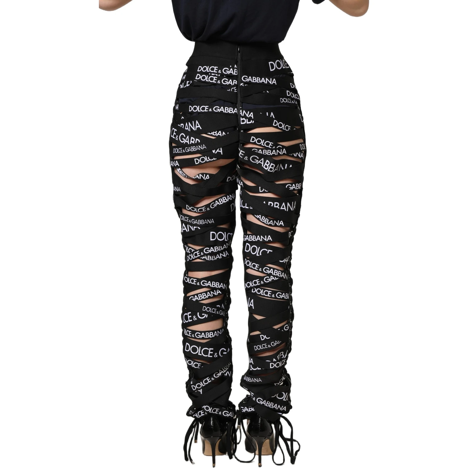 Black Logo Tape Cut Out Skinny High Waist Pants