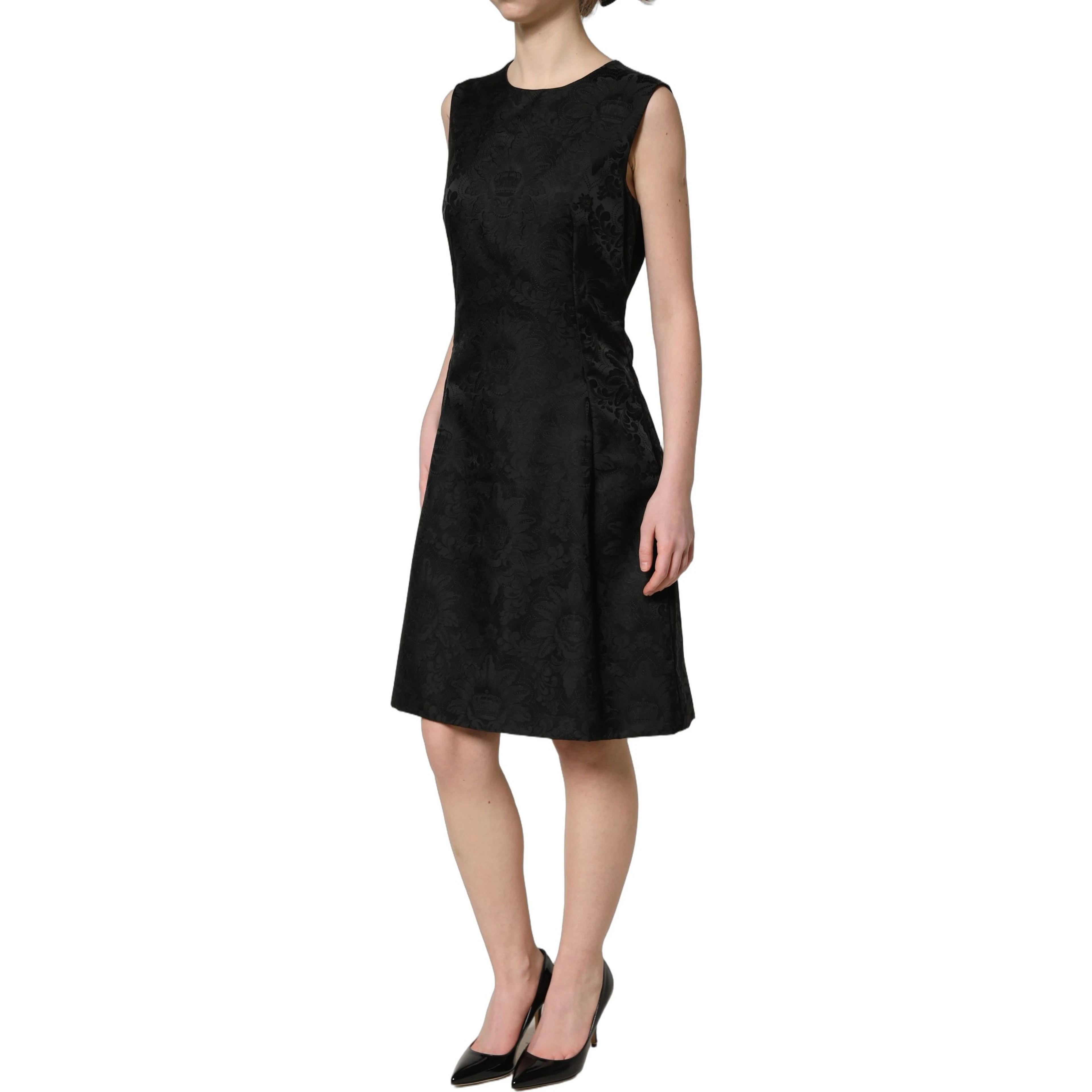 Black Floral Jacquard Sleeveless A-line Dress