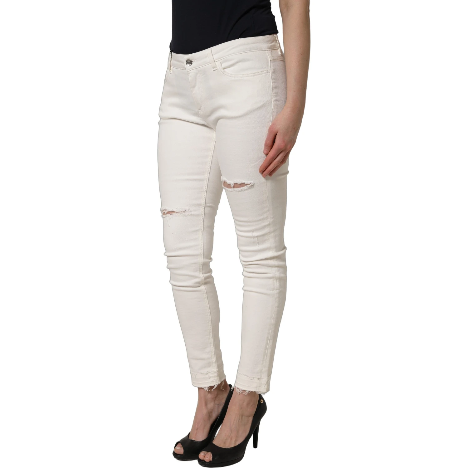 White Tattered Skinny Cotton Denim Jeans